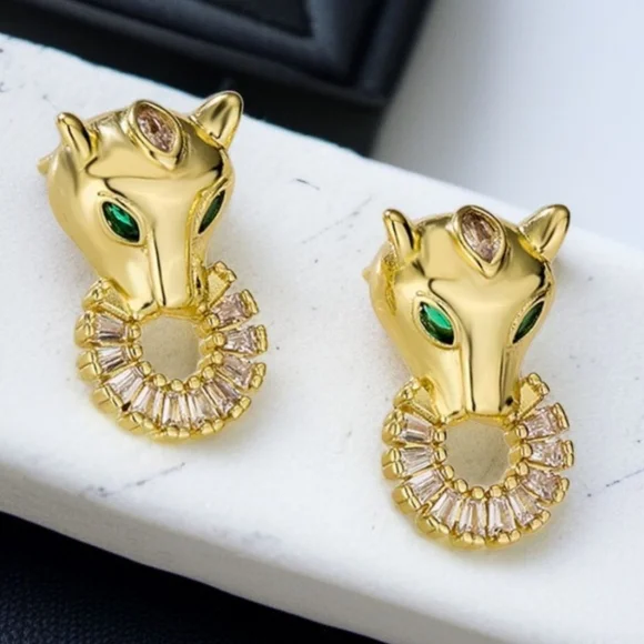 Luxury 18k Gold Plated Designer Panther Zircon Crystal Doorknocker Earrings - Picture 2 of 4